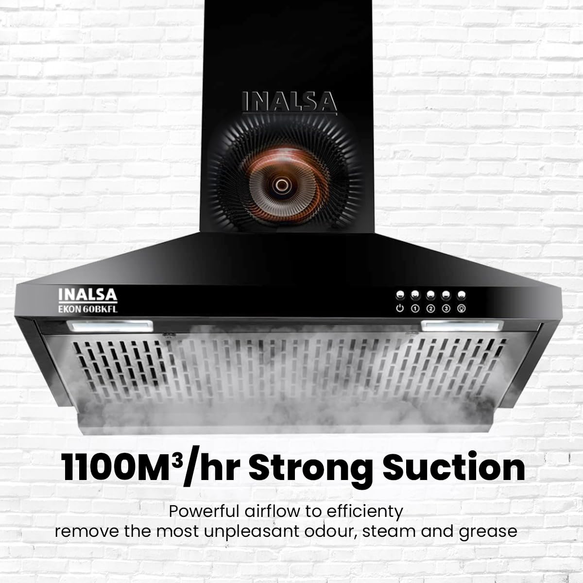 INALSA EKON 60cm 1100 m³/hr Pyramid Kitchen Chimney With Elegant Look|Push Button Control|Efficient Dual LED Lamps & Filterless|5 Year Warranty on Motor ( EKON 60BKFL, Black)