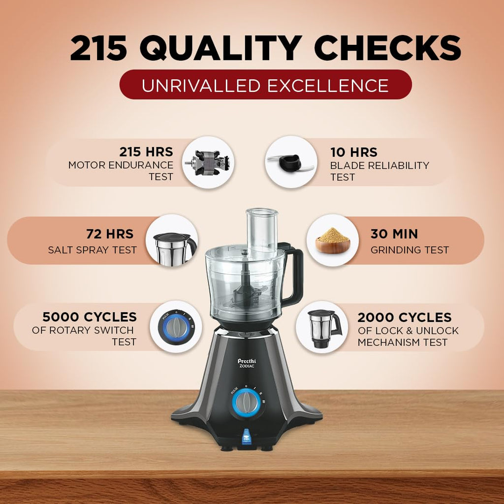 Preethi Zodiac MG-218 mixer grinder, 750 watt, Black/Light Grey, 5 jars - 3 In 1 insta fresh juicer Jar & Master chef food processor Jar, Vega W5 motor with 5yr Warranty & Lifelong Free Service