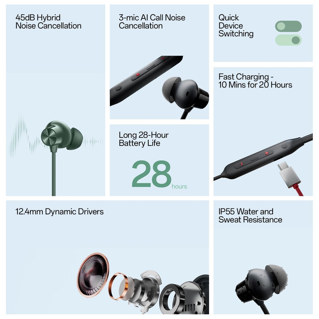 OnePlus Bullets Wireless Z2 ANC Bluetooth in Ear Earphones with Mic, 45dB Hybrid ANC, Bombastic Bass - 12.4 mm Drivers, 10 Mins Charge - 20 Hrs Music, 28 Hrs Battery (Booming Black)