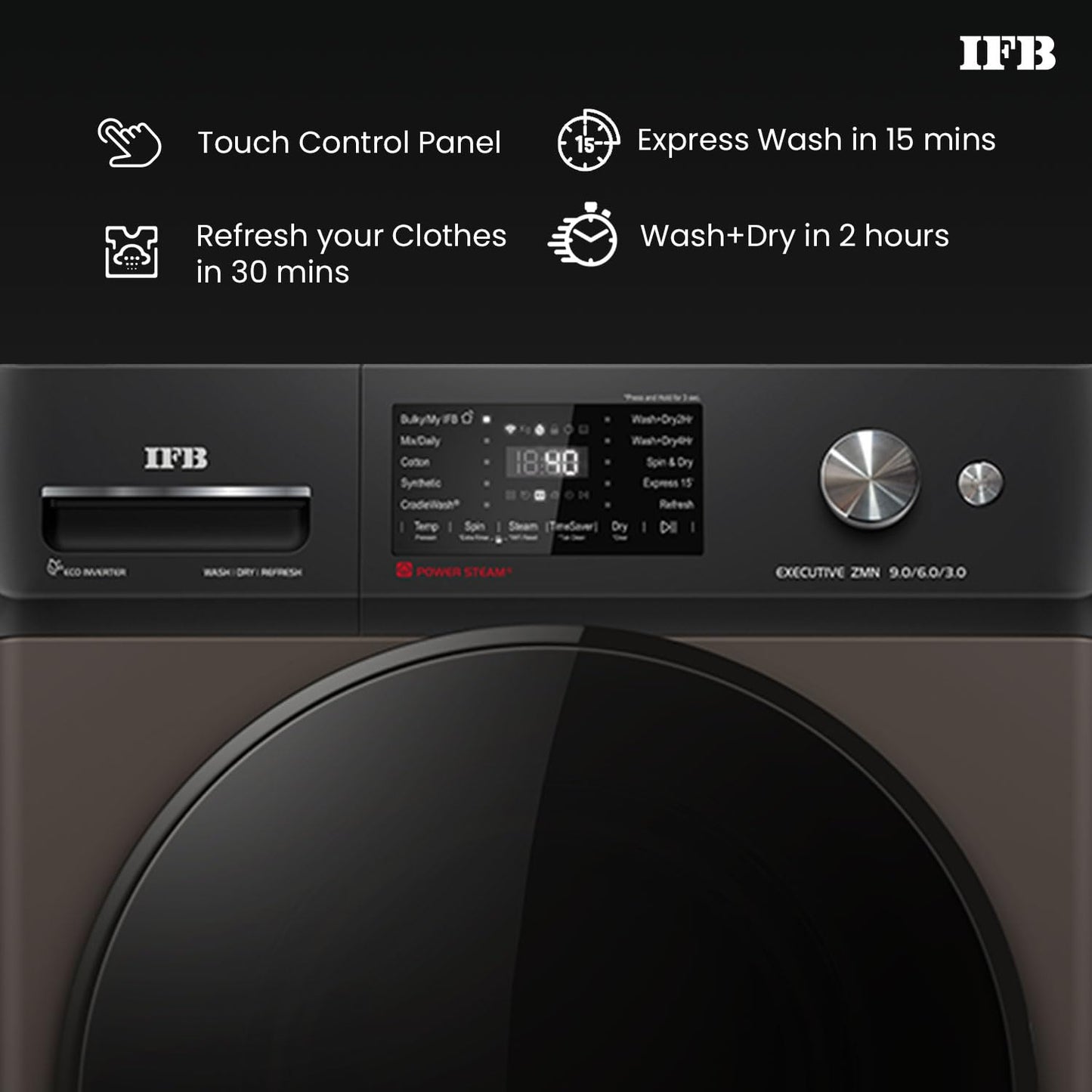 IFB 9/6/3 kg Fully Automatic Washer Dryer Refresher with Steam Refresh, AI Powered, 100% Dry Clothes, 9 Swirl Wash Mimic Handwashing, WiFi & Eco Inverter Motor (WDR Executive ZMN, Mocha)