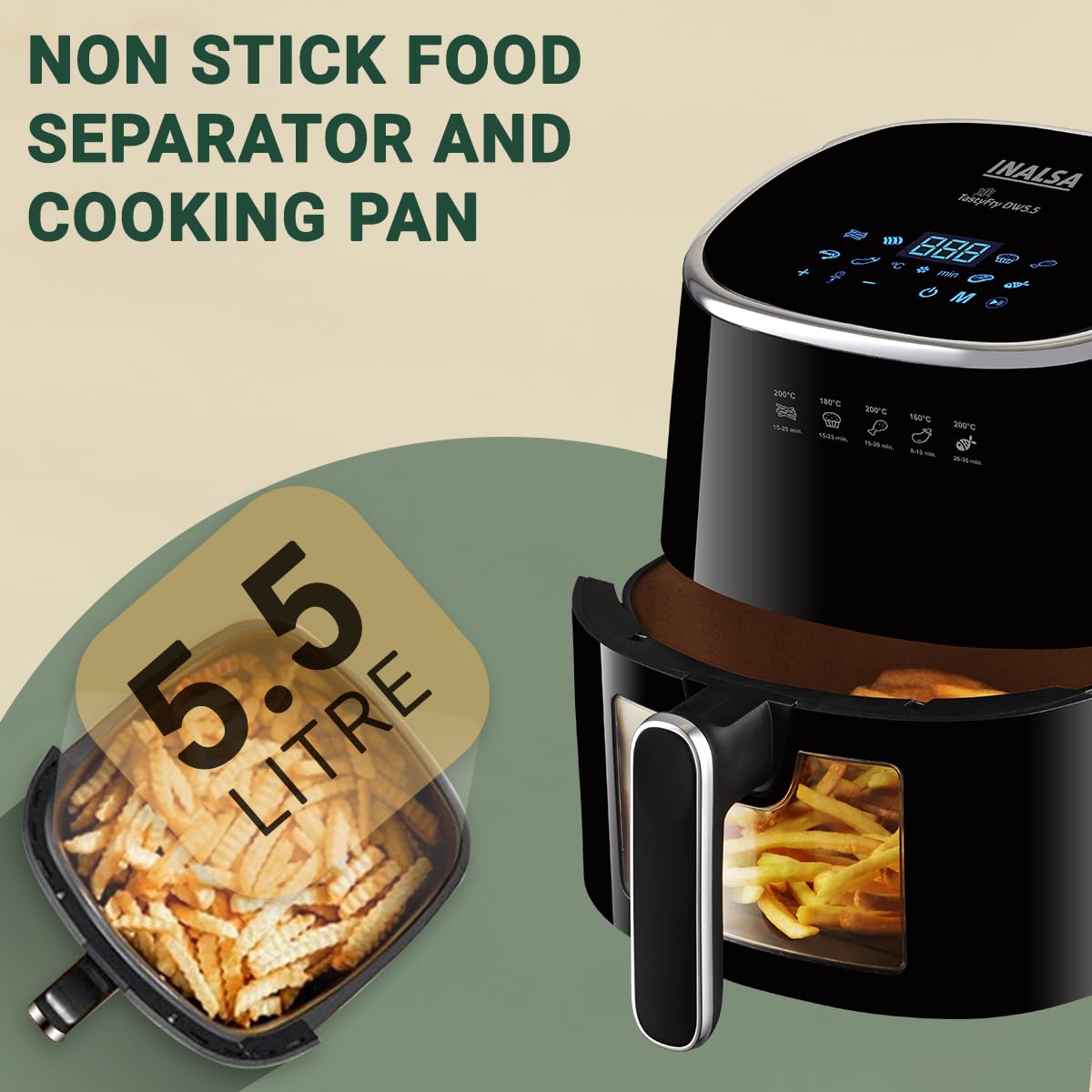 INALSA Air Fryer for Home|5.5 liter Capacity|Visible Window & Internal Light|1600 W with Smart AirCrisp Technology|6-In-1 Appliance With 8 Preset Menu & Digital Display (Tasty fry DW5.5) Black