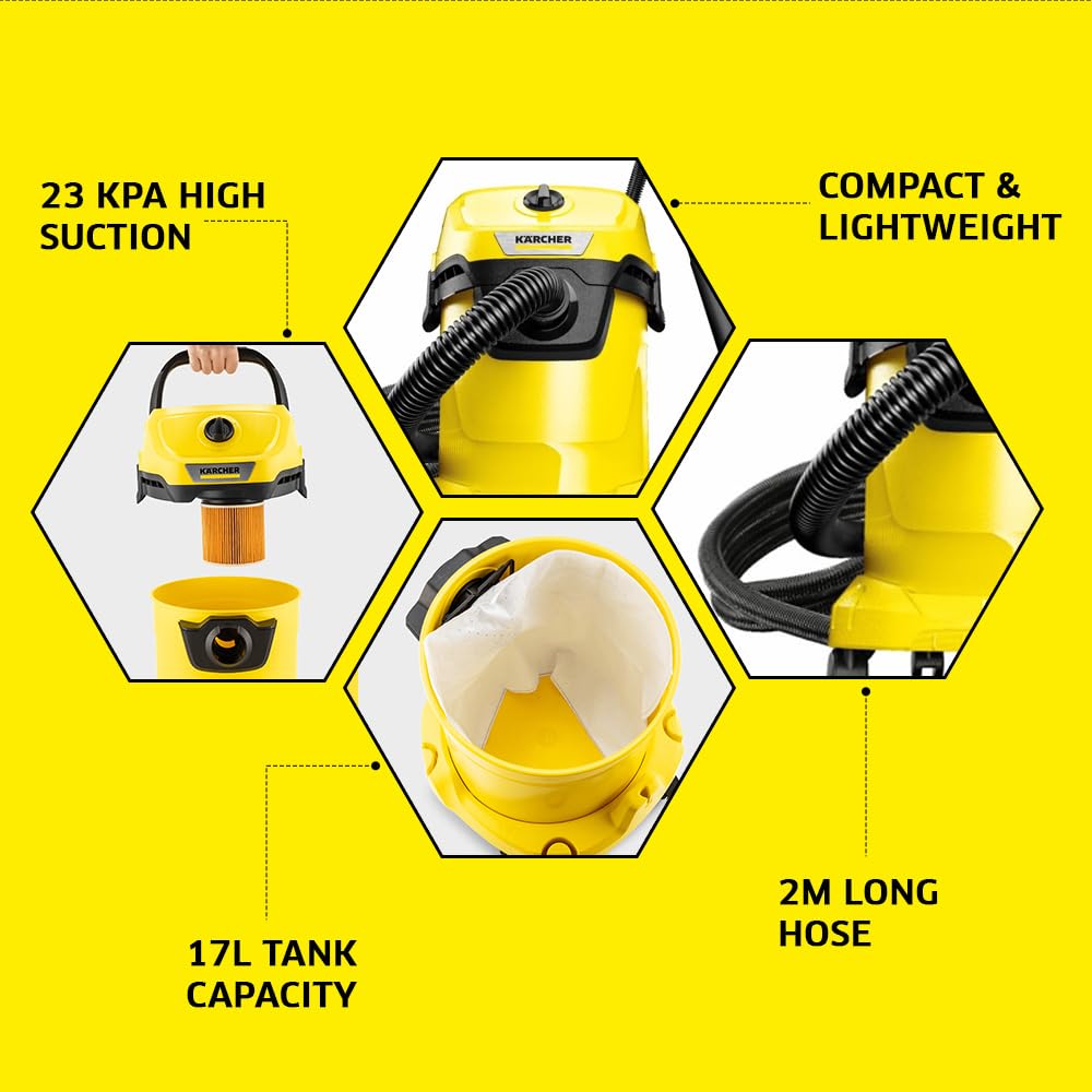 KARCHER Wd 3 V Wet & Dry Vacuum Cleaner, 23 kPa Suction Power, 17L Tank, 1000W Blower Function, Cartridge Filter & Fleece Filter Bag, for Home, Car & Furniture Cleaning, German Tech