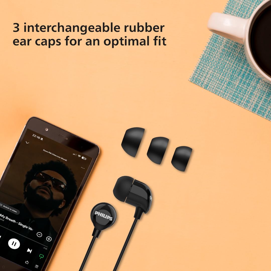 PHILIPS Audio TAE1159BK/00 in-Ear Wired Earphones with C-Type Jack, 10mm Drivers, Inline Mic, Powerful Bass and Clear Sound, Tangle Free 1.2m Cable and 3 x Inter Changeable Ear Tips (Black)