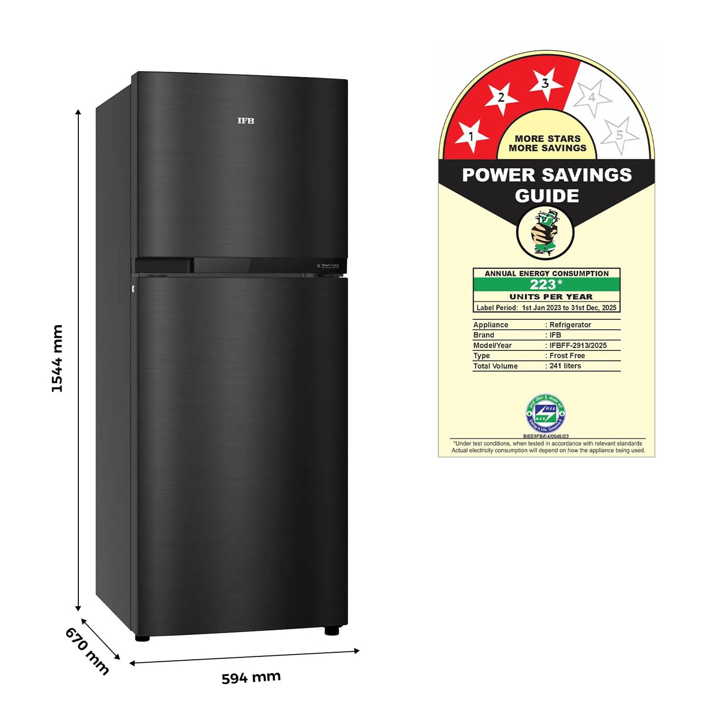 IFB 241L 3 Star Tru Convertible 10-in-1 Advanced Inverter Frost Free Double Door Refrigerator (IFBFF-2913DKSET, Metal Black, 360 Degree Cooling, Extraordinary Space)