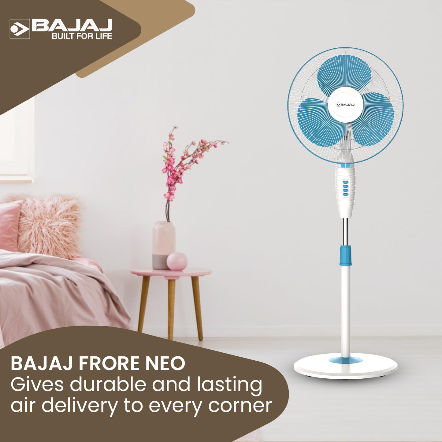 Bajaj Frore Neo 400 MM Oscillating Pedestal Fan For Home | Aerodynamically Balanced Blades | 100% Copper Motor | High Air Delivery | 3-Speed Control | Rust Free | 2 Yrs Warranty 【Blue】