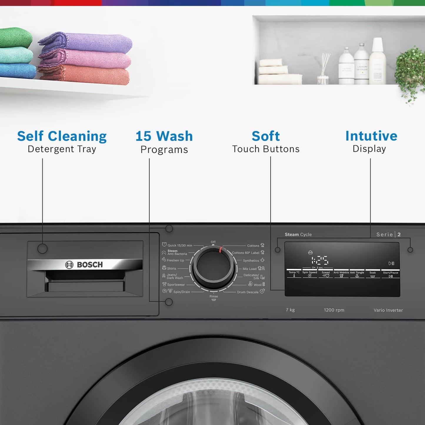 Bosch 7 kg, 5 Star, AI active water+, Anti Stain, Steam Antibacteria, Allergy Plus, Fully-Automatic Front Loading Washing Machine (WAJ24209IN, Black, In-Built Heater, Anti Wrinkle, Anti Tangle)