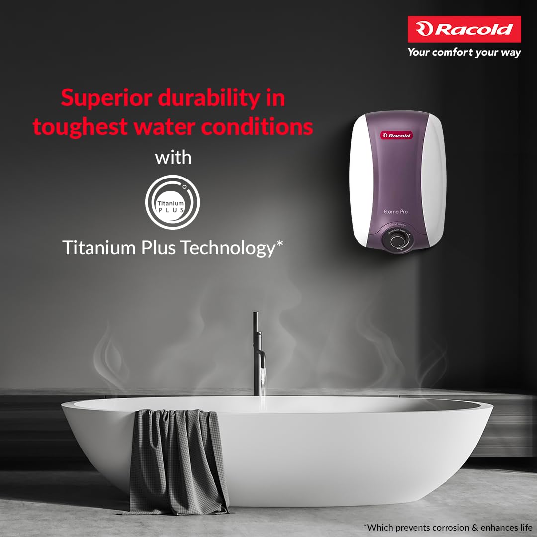 Racold Eterno Pro Storage Water Heater (Geyser) 25L with ABS Body – Corrosion Prevention with Titanium Enameled Coating, 7 Yrs Warranty on Tank, Energy Efficient, Free Standard Installation & Pipes