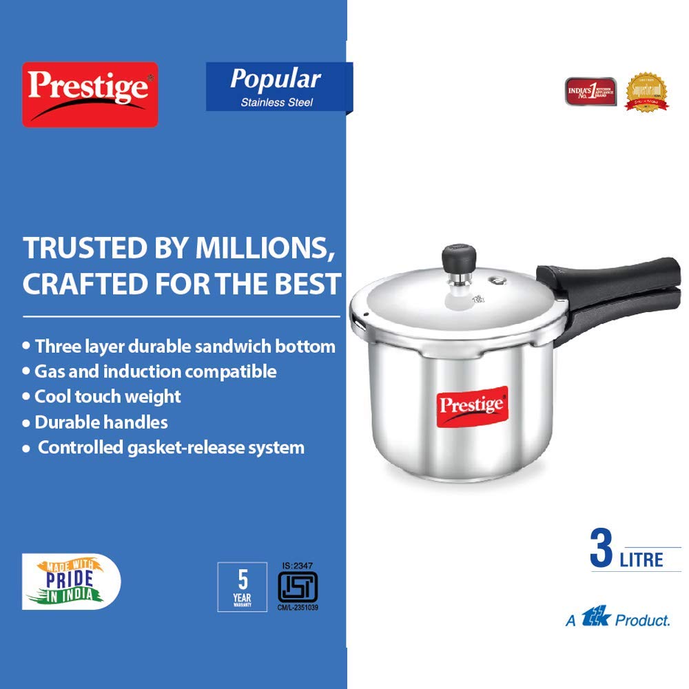 Prestige Popular Stainless Steel Outer Lid Pressure Cooker, 3 Litres, Silver