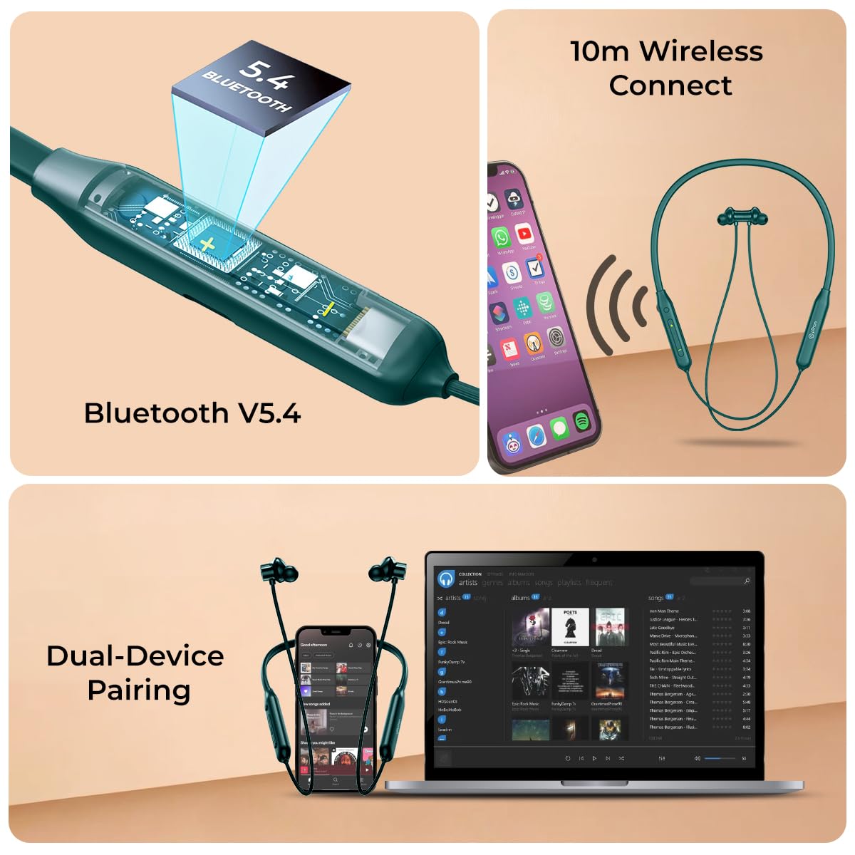 pTron Tangent Rush w/ 50Hrs Playtime, Pristine Sound, Dual-Device Pairing, Bluetooth 5.4 Wireless in-Ear Earphones with Mic, Voice Assistant, Type-C Fast Charging & IPX5 Water Resistant (Green)