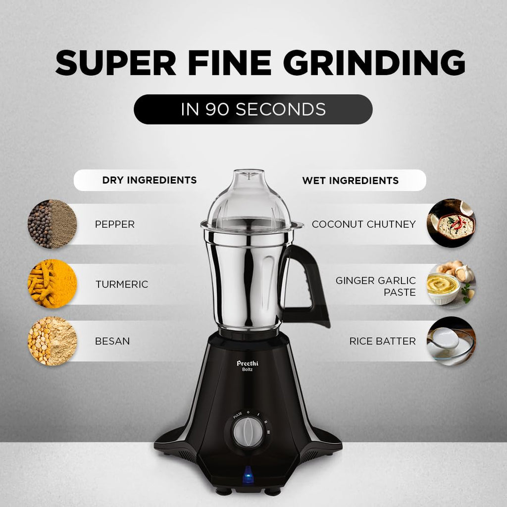 Preethi Boltz Mixer Grinder for Kitchen | 4 Jars 1000 Watts Mixie| 3 Stainless Steel Jar & 1 Blender Jar for Milkshake,Smoothie,Puree - Black (MG-288)