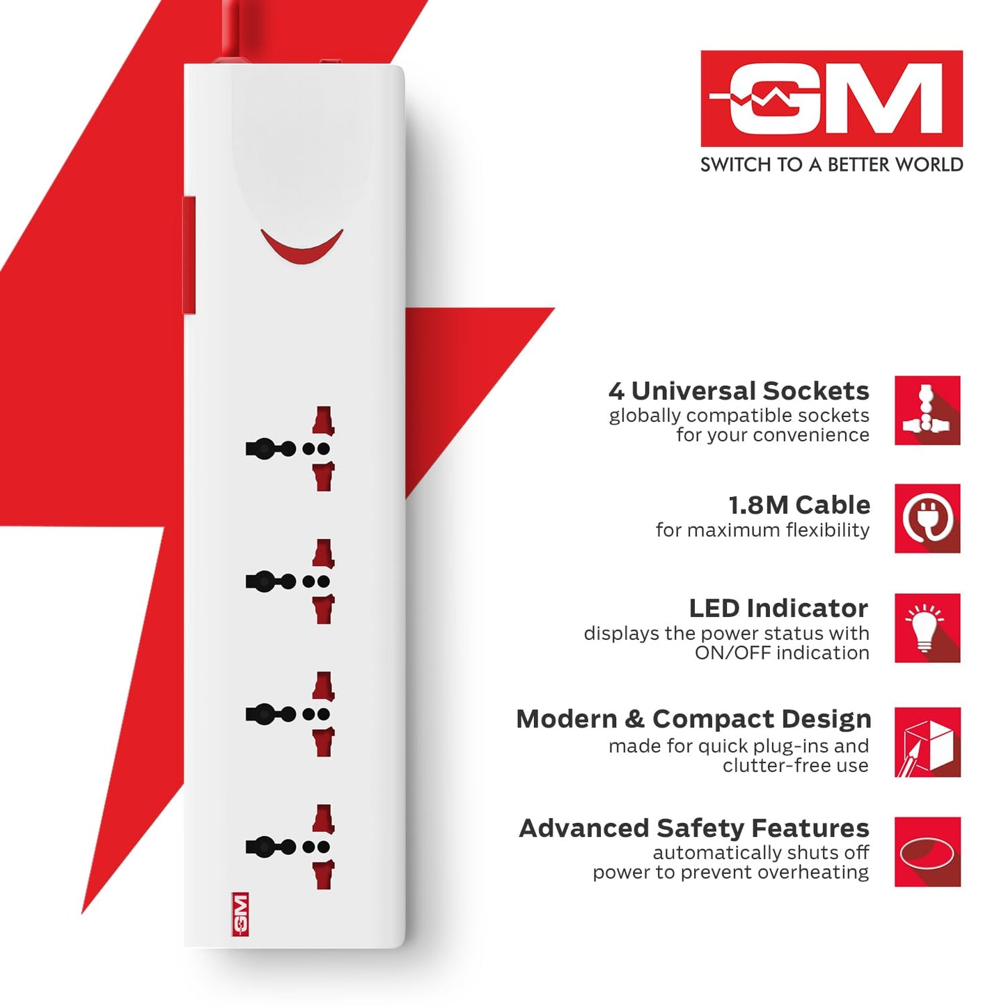 GM 3060 Extension Board 10Amp Output 250 Volts with 2 Mtr Extension Cord & Surge Protector | Master Switch, Safety Shutter, 4 International Sockets | Multi Plug Travel Adapter for Home Appliances