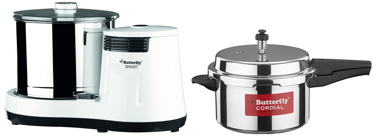Butterfly Smart 2 Litres Table-Top Wet Grinder|150 Watts|Shockproof ABS Body| Coconut Scrapper Attachment|2 stones with 4-Way Grinding| Stainless Steel Drum | 2 Years Manufacturer's Warranty | White