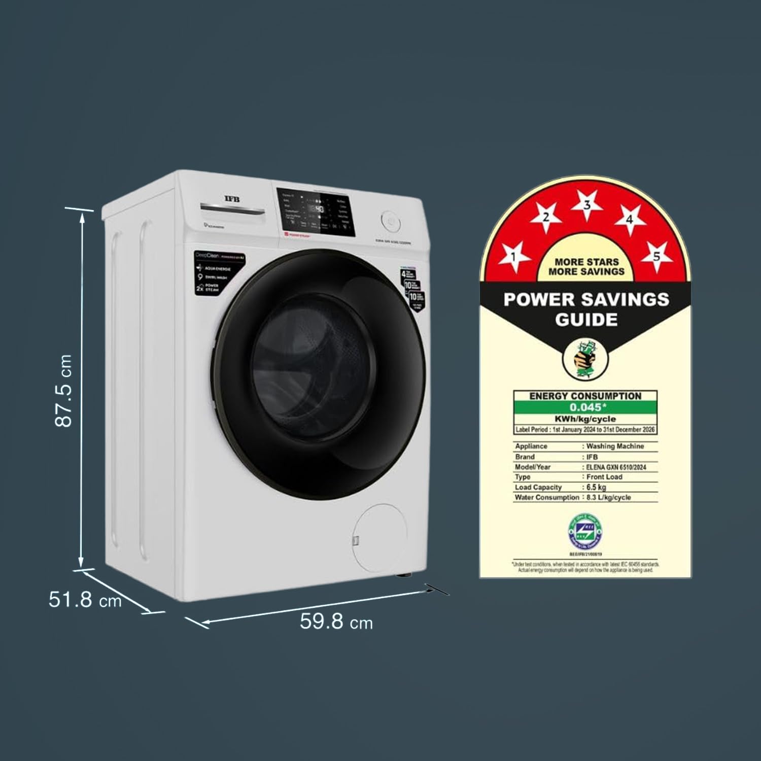 IFB 6.5 Kg 5 Star Powered by AI with 9 Swirl Wash, Fully Automatic Front Load Washing Machine (ELENA GXN 6510, Steam Refresh Program with Eco Inverter, Grey)