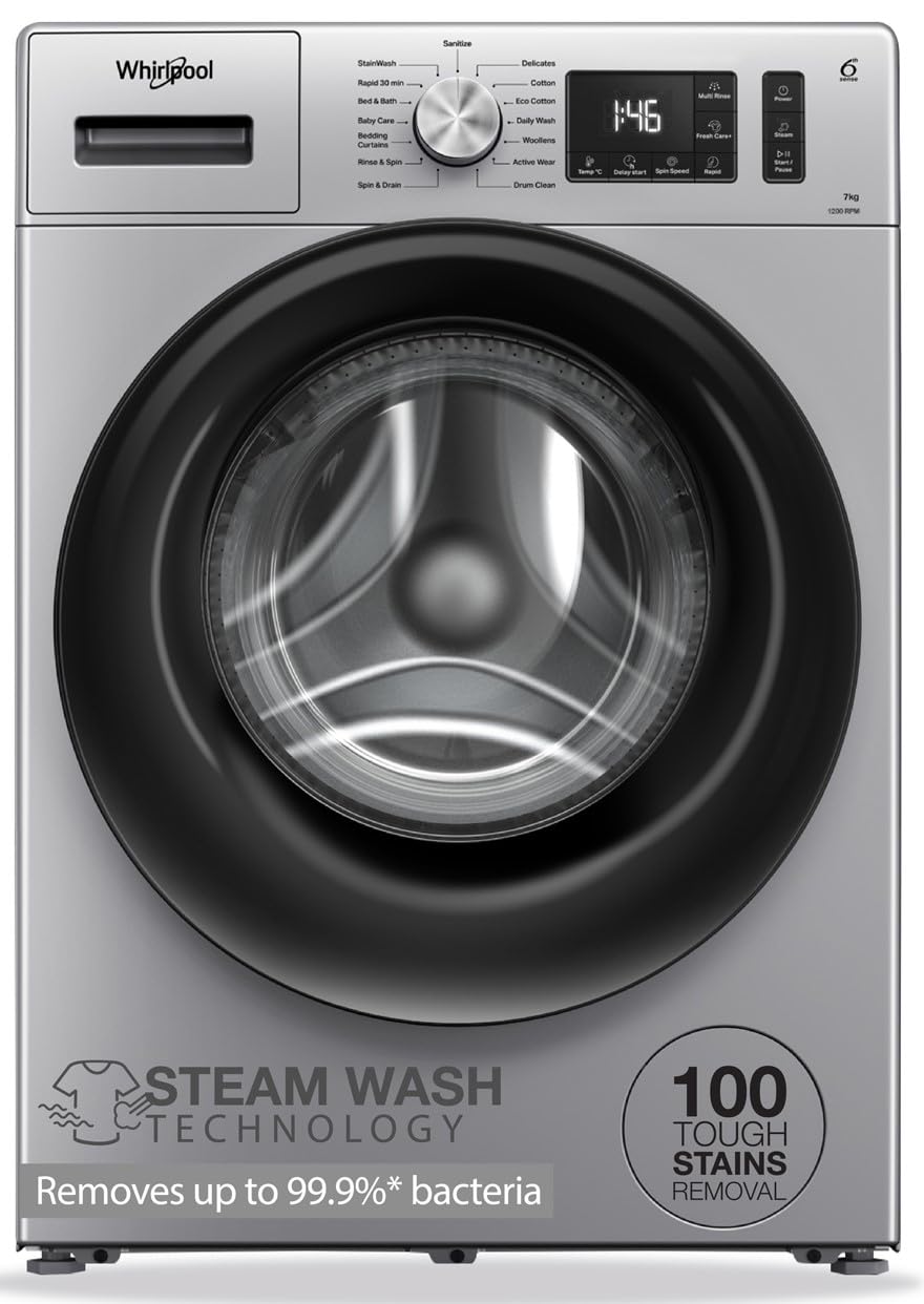 Whirlpool 7 Kg 5 Star Inverter Front Load Washing Machine with In-Built Heater (SUPREME CARE 7012 -E, Midnight Grey, 100+ Tough Stains, Steam Technology, 2025 Model)