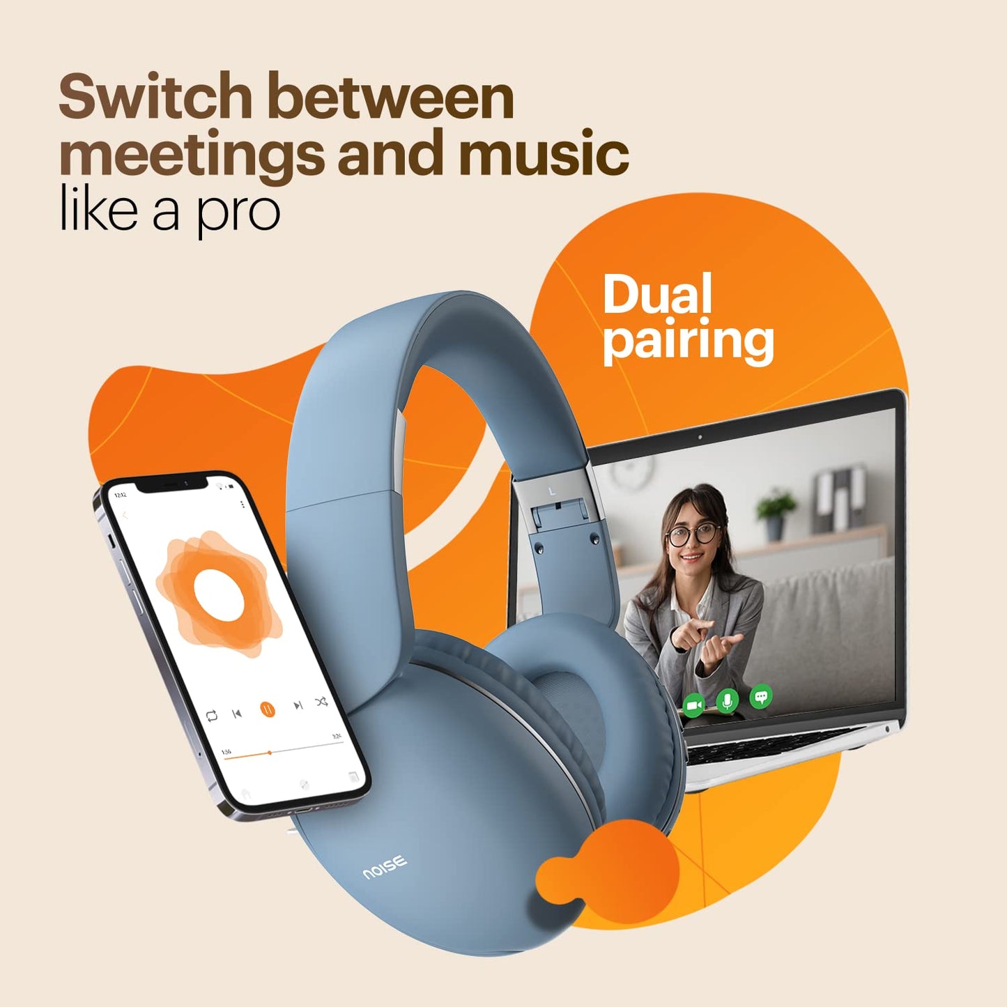 Noise Two Wireless On Ear Headphones with 50 Hours Playtime, Low Latency(up to 40ms), 4 Play Modes, Dual Pairing, BT v5.3 (Serene Blue)