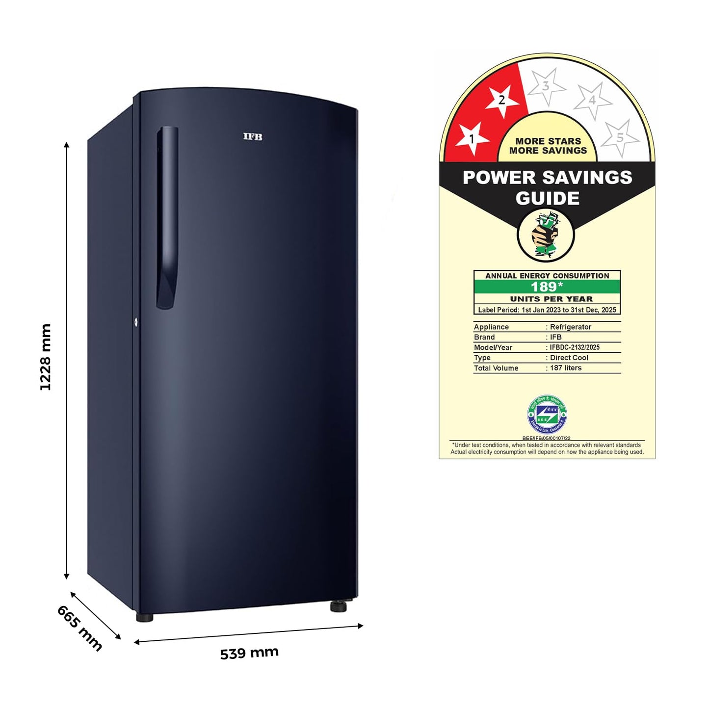 IFB 187L 2 Star Direct-Cool Single Door Refrigerator (IFBDC-2132NCSE, Blue) Extraordinary Storage with Humidity Controller