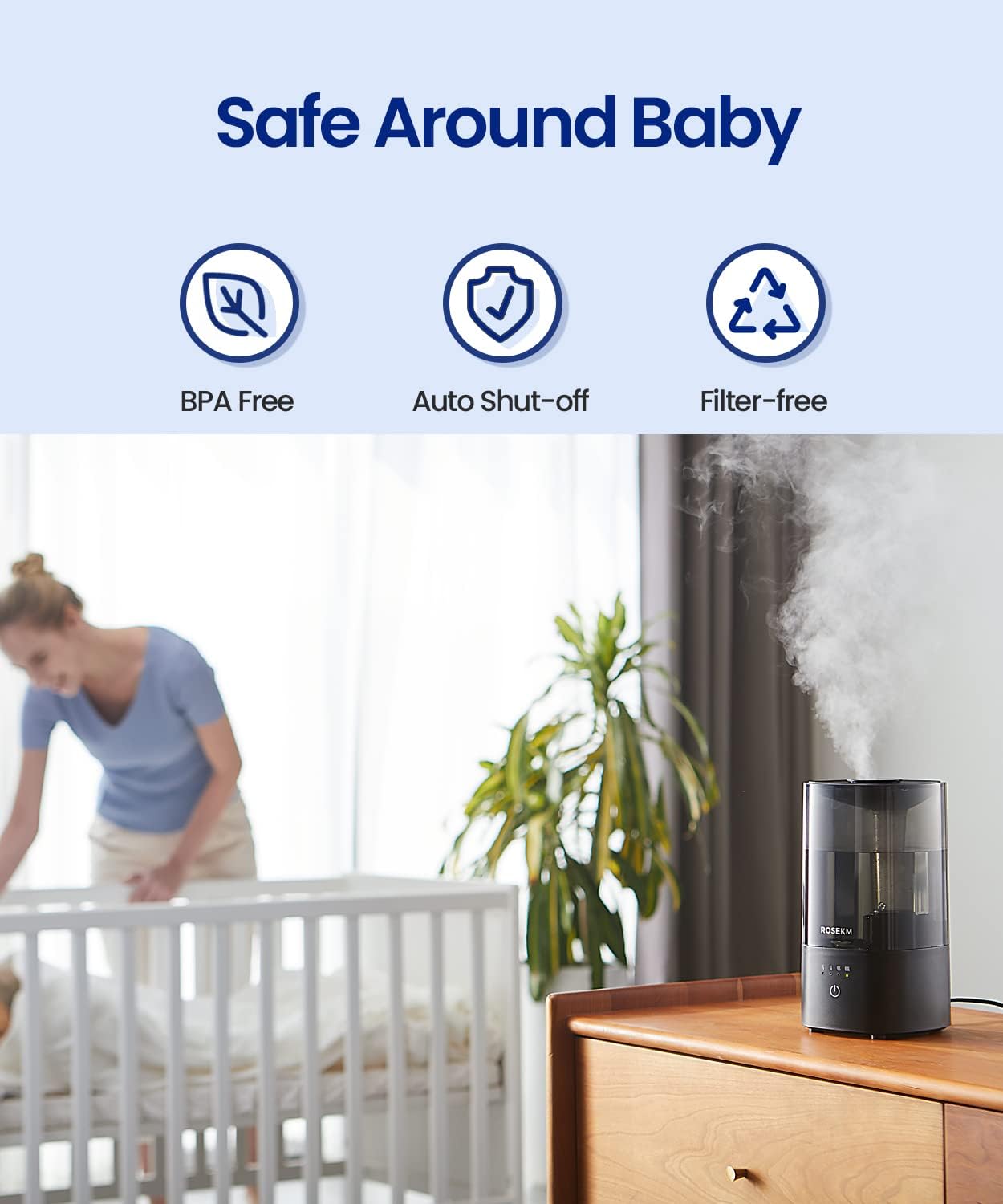 ROSEKM Cool Mist Ultrasonic Humidifier, 2.0L Humidifiers for Bedroom and Baby Nursery, Small Quiet Air Humidifier, Ultrasonic, Auto Shut-Off, 360° Nozzle