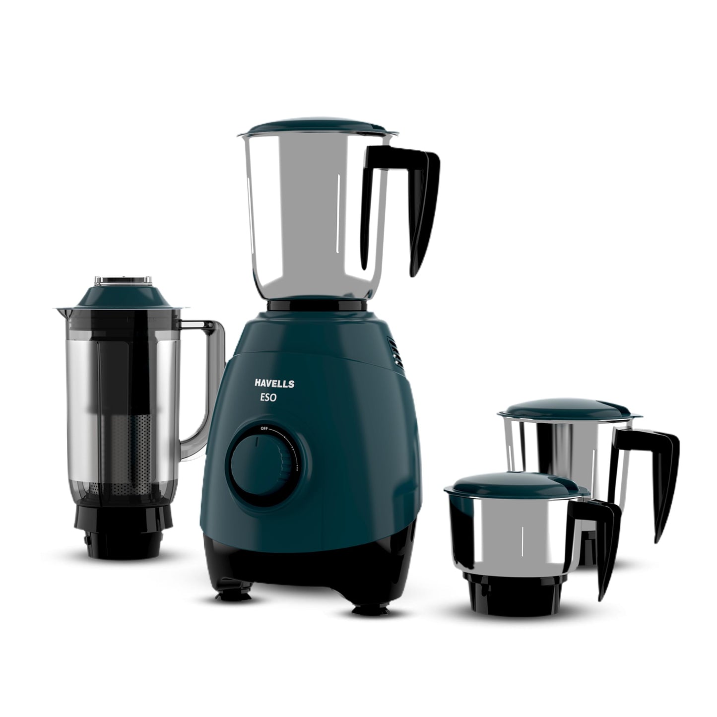 Havells ESO 750 Watt Mixer Grinder | 3 Stainless Steel Jars with Handles | 304 Rust-Resistant SS Blades | 21000 RPM High-Speed Motor | 5-Year Motor Warranty | Heavy-Duty Mixie (Teal)