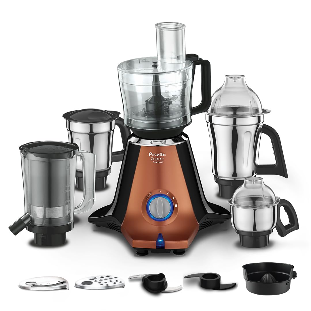 Preethi Zion Mixer Grinder for Kitchen - 4 Jars 750 Watt Mixie (3 Stainless steel Jars+1 Master Chef Plus Food processor Jar), Flexi lids, Vega W5 motor, Black (MG-227)