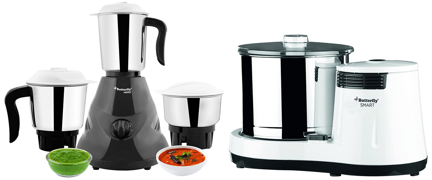 Butterfly Smart 2 Litres Table-Top Wet Grinder|150 Watts|Shockproof ABS Body| Coconut Scrapper Attachment|2 stones with 4-Way Grinding| Stainless Steel Drum | 2 Years Manufacturer's Warranty | White