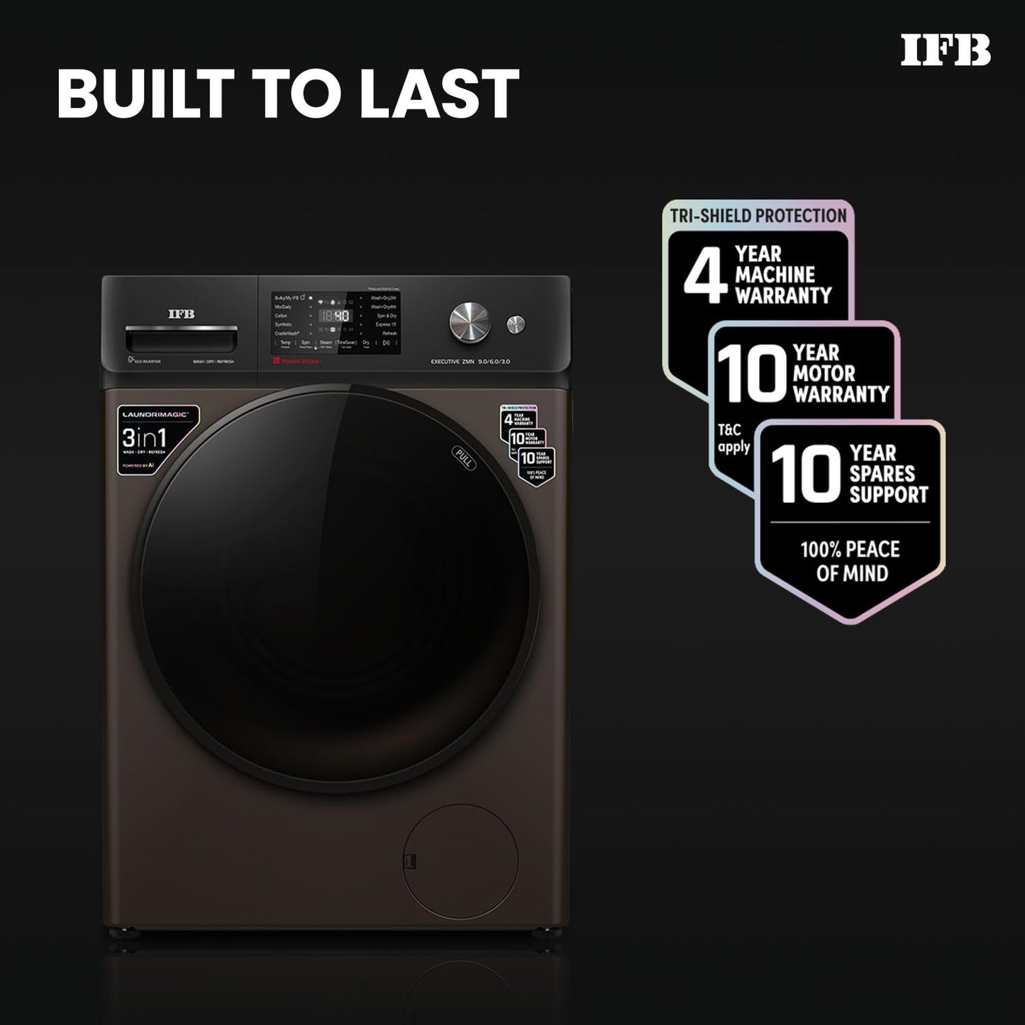 IFB 9/6/3 kg Fully Automatic Washer Dryer Refresher with Steam Refresh, AI Powered, 100% Dry Clothes, 9 Swirl Wash Mimic Handwashing, WiFi & Eco Inverter Motor (WDR Executive ZMN, Mocha)
