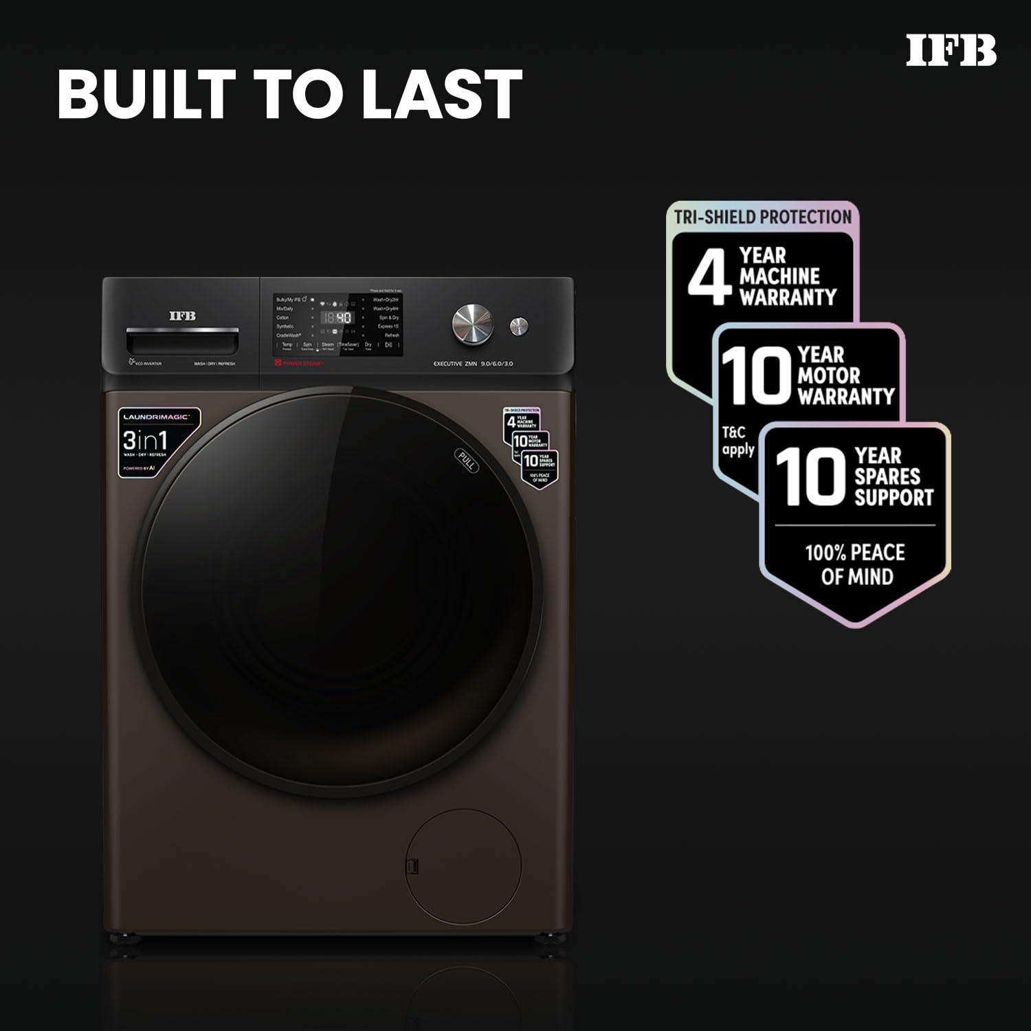 IFB 9/6/3 kg Fully Automatic Washer Dryer Refresher with Steam Refresh, AI Powered, 100% Dry Clothes, 9 Swirl Wash Mimic Handwashing, WiFi & Eco Inverter Motor (WDR Executive ZMN, Mocha)