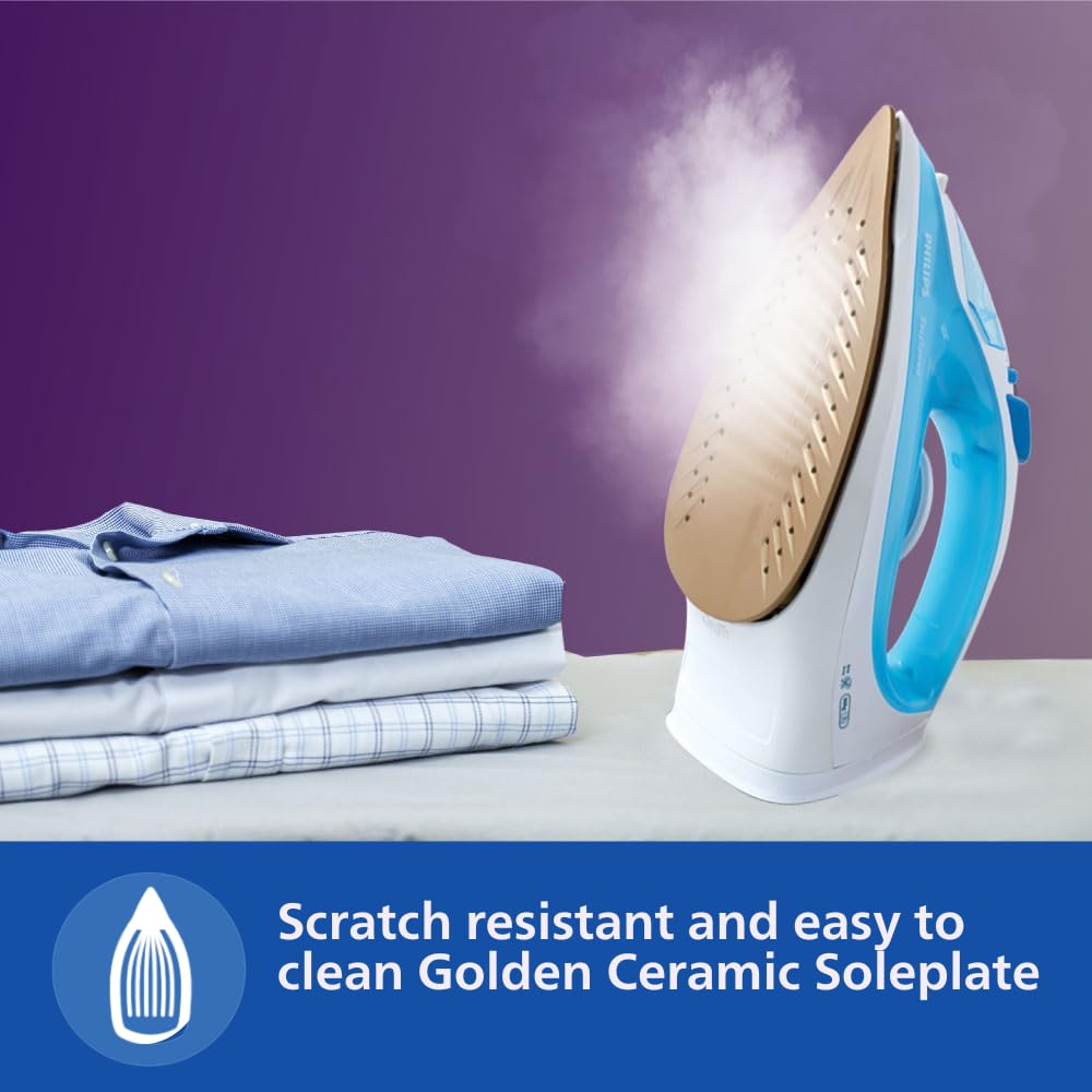 PHILIPS Plastic Steam Iron Gc1028/20 2000 Watts, From World'S No.1 Ironing Brand*, Golden Non-Stick Soleplate, Steam Rate Of Up To 25 G/Min, Drip Stop Technology