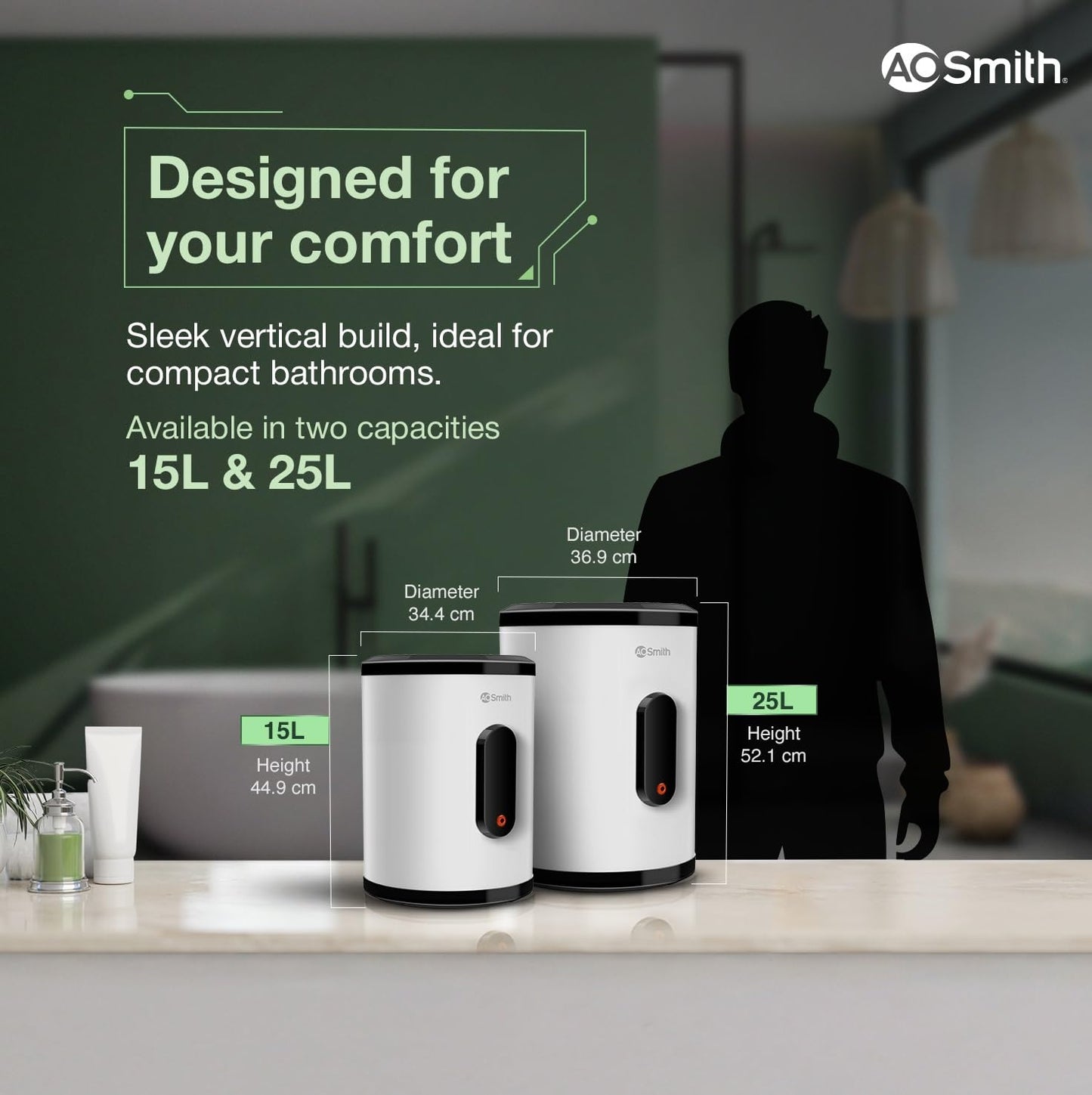 AO Smith Geyser 15 Litre 5 Star BEE Rating | 2KW | Storage Water Heater With 2X Corrosion Resistant Blue Diamond Glass Tank | Warranty: 7 Yr Tank, 3 Yr heating element & 2 Yr Overall | VAS PLUS 15L