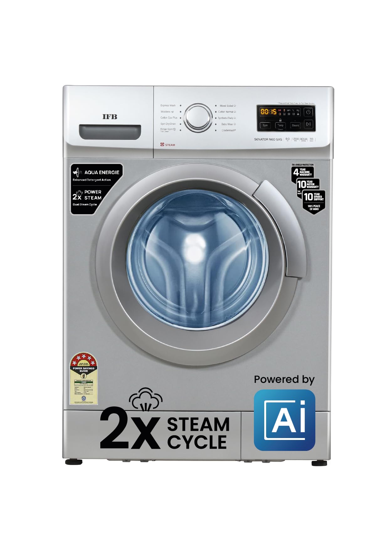 IFB 8 Kg 5 Star Powered by AI with 9 Swirl Wash, WiFi, Fully Automatic Front Load Washing Machine (Senator GXN 8012, Steam Refresh Program with Eco Inverter, Grey)