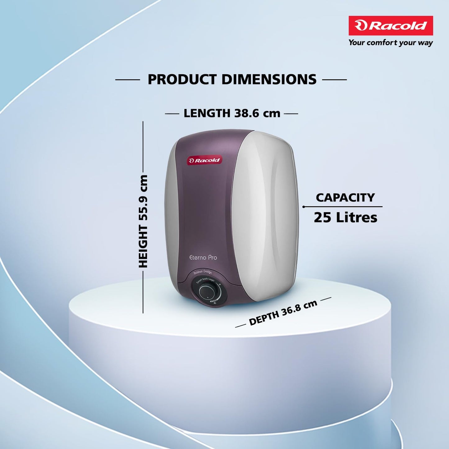 Racold Eterno Pro Storage Water Heater (Geyser) 25L with ABS Body – Corrosion Prevention with Titanium Enameled Coating, 7 Yrs Warranty on Tank, Energy Efficient, Free Standard Installation & Pipes