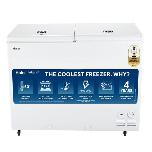 Haier HFC-325CM5, Double Door Combo Freezer (Half Cooler & Half Freezer Combo), Freeze & Chill together, Dual Condenser, Metal liner & 4 Years Comprehensive Warranty (White)