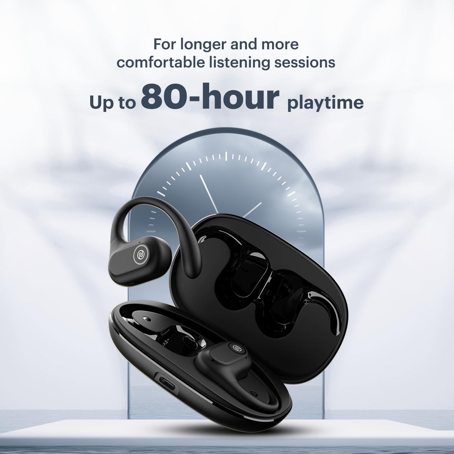 Noise Pure Pods Wireless Open Ear Earbuds with AirWave™ Technology,Up-to 80H Playtime,Quad Mic with ENC,16mm Neodymium Dynamic Driver,Detachable Pure Band,BTv5.3 (Power Black)