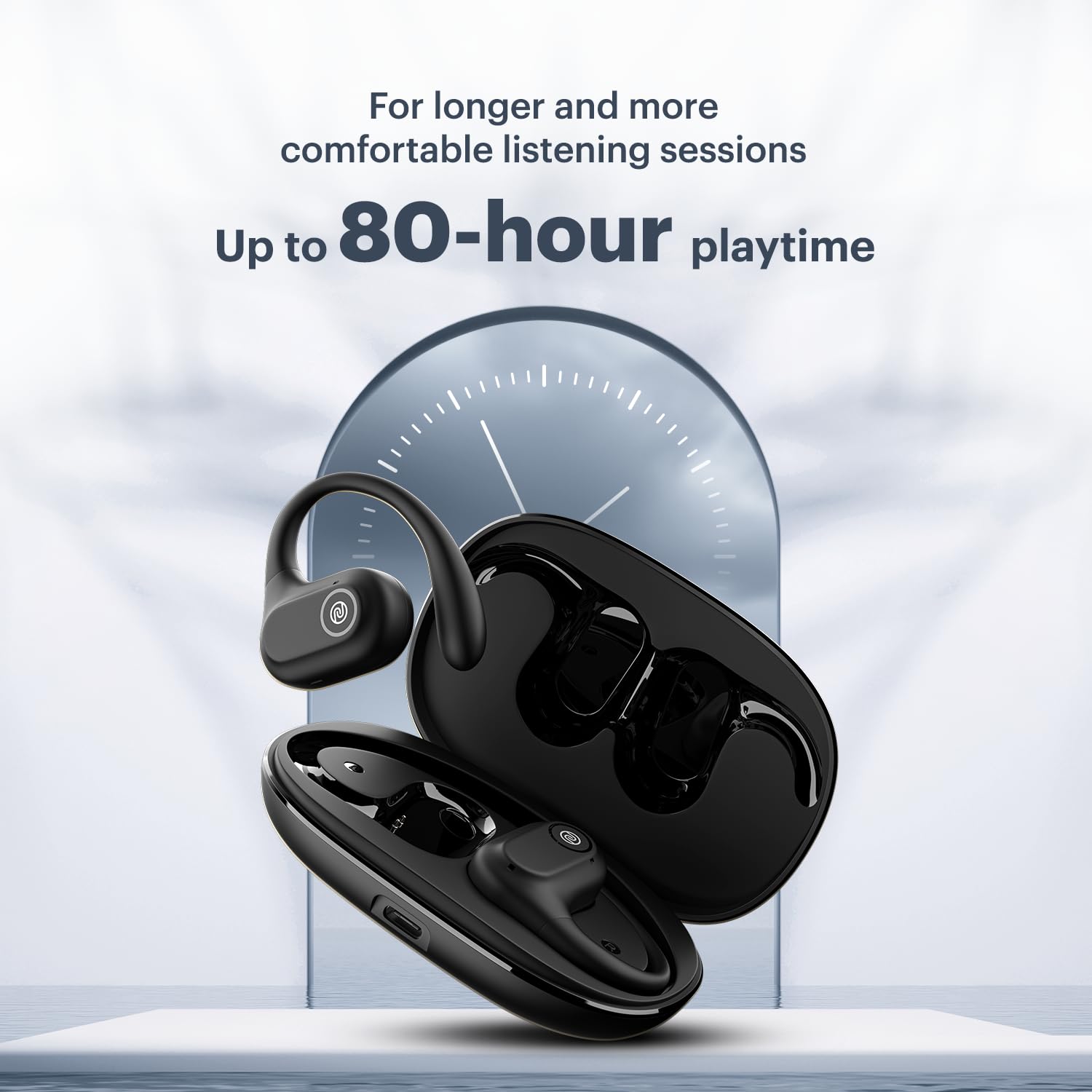 Noise Pure Pods Wireless Open Ear Earbuds with AirWave™ Technology,Up-to 80H Playtime,Quad Mic with ENC,16mm Neodymium Dynamic Driver,Detachable Pure Band,BTv5.3 (Power Black)