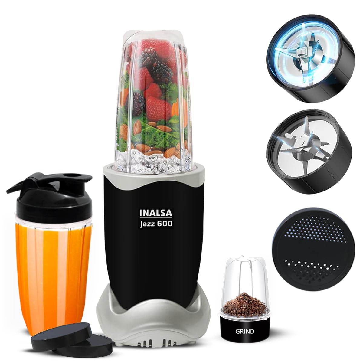 INALSA Blender Mixer Grinder|5 Jar & 600 W Copper Motor| Blenders for Smoothies and Juices| Smoothie Maker Blender|Nutri Blender |3 Blades Including Froth Blade|2Yr Warranty,Jazz 600