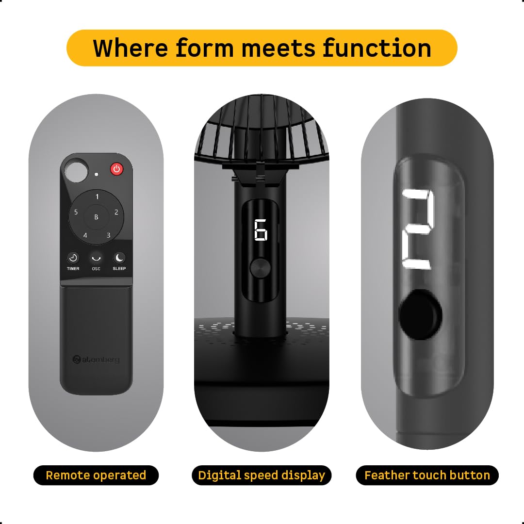 atomberg Renesa 400mm Table Fan | Ideal for Home & Office| Silent BLDC Stand Fan | LED Display | 6 Speeds | 35W | Remote with Oscillation, Timer, Sleep | Easy to Clean|2 Years Warranty (Black)