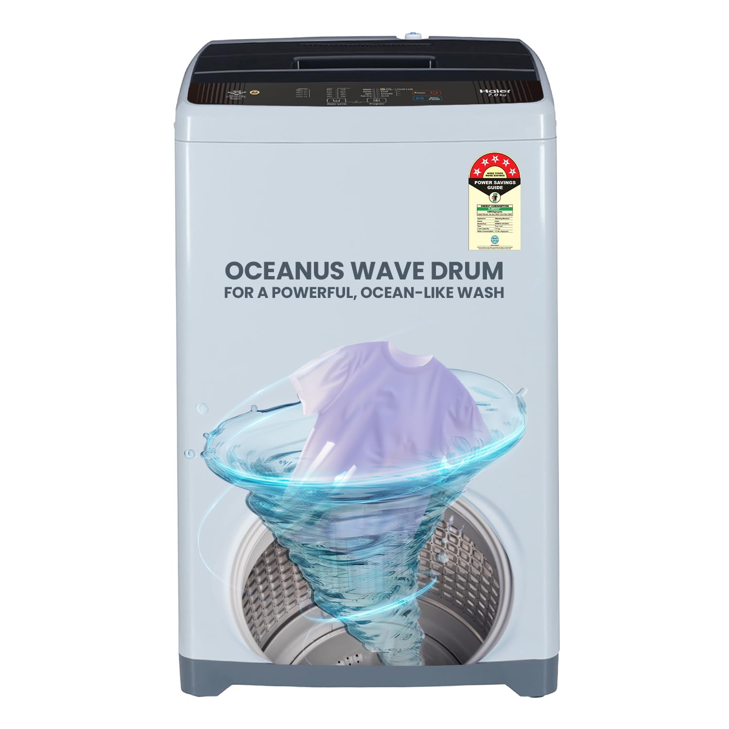 Haier 7 Kg 5 Star Fully Automatic Top Load Washing Machine with Oceanus Wave Drum, Magic Filter, 8 Wash Programs (HWM70-AE, Moonlight Silver, Stainless Steel Drum, 15 Mins Quick Wash)