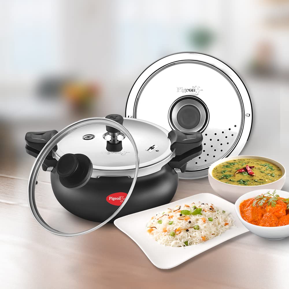 Pigeon by Stovekraft All in One Ceramic Super Outer Lid Cooker, 5 Liters, Black/Transparent - Aluminium & Stainless Steel