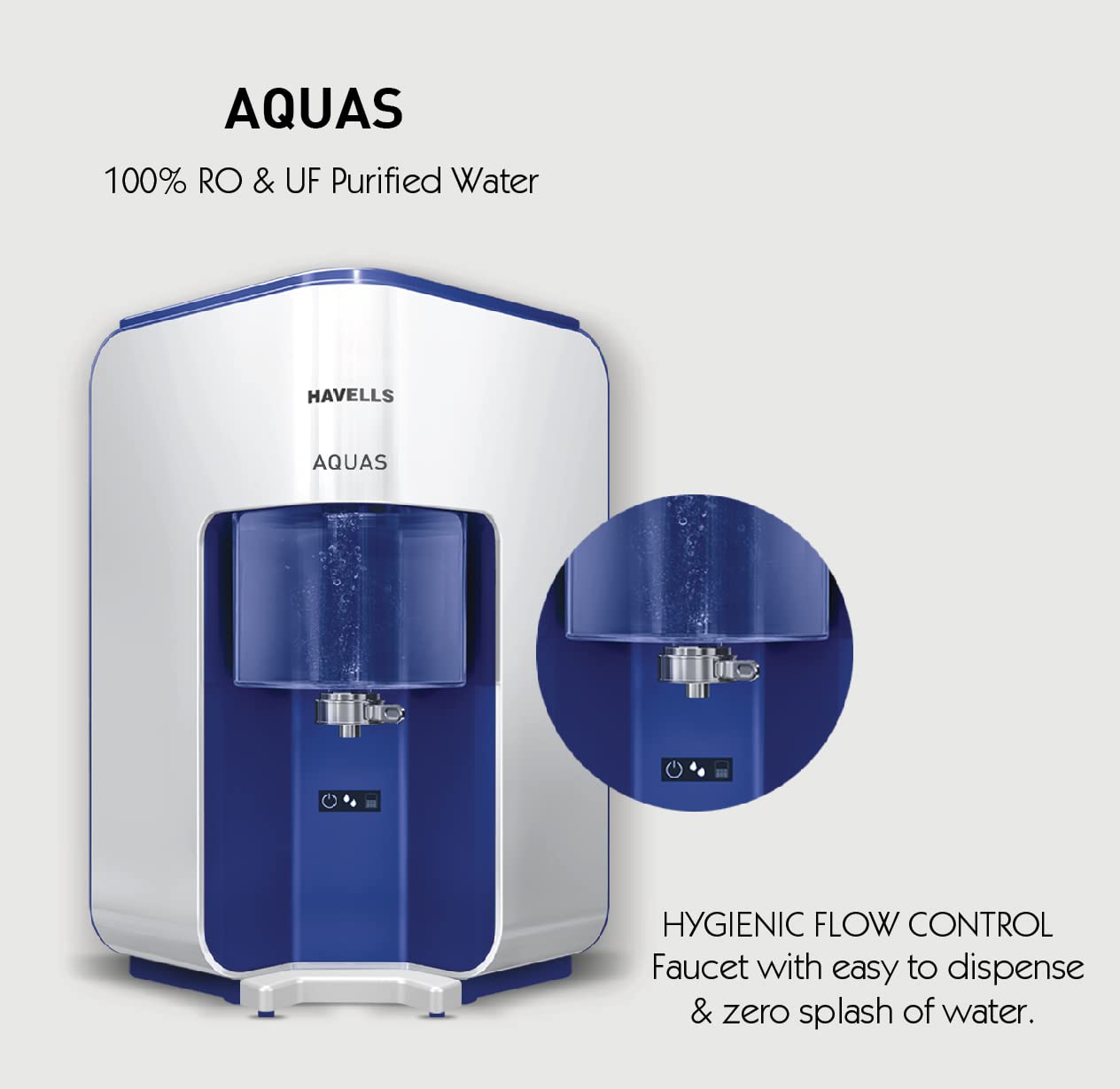 Havells AQUAS Water Purifier (White and Blue), RO+UF, Copper+Zinc+Minerals, 5 stage Purification, 7L Tank, Suitable for Borewell, Tanker & Municipal Water