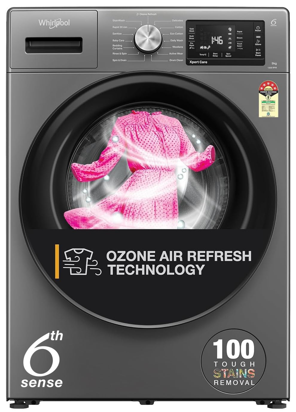 Whirlpool 7 Kg 5 Star Inverter Front Load Washing Machine with In-Built Heater (SUPREME CARE 7012 -E, Midnight Grey, 100+ Tough Stains, Steam Technology, 2025 Model)