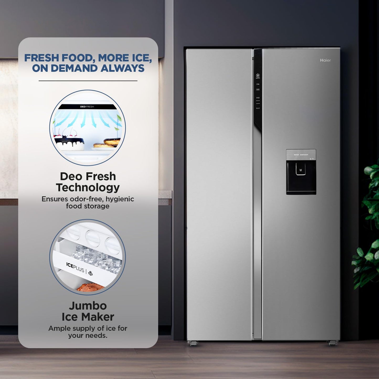 Haier 596L 2-Door Water Dispenser Side by Side Frost Free Refrigerator|Convertible|Smart Sense AI | Expert Inverter|Digital Display Panel | Deo Fresh Technology (HRS-682SWDU1, Shiny Silver)