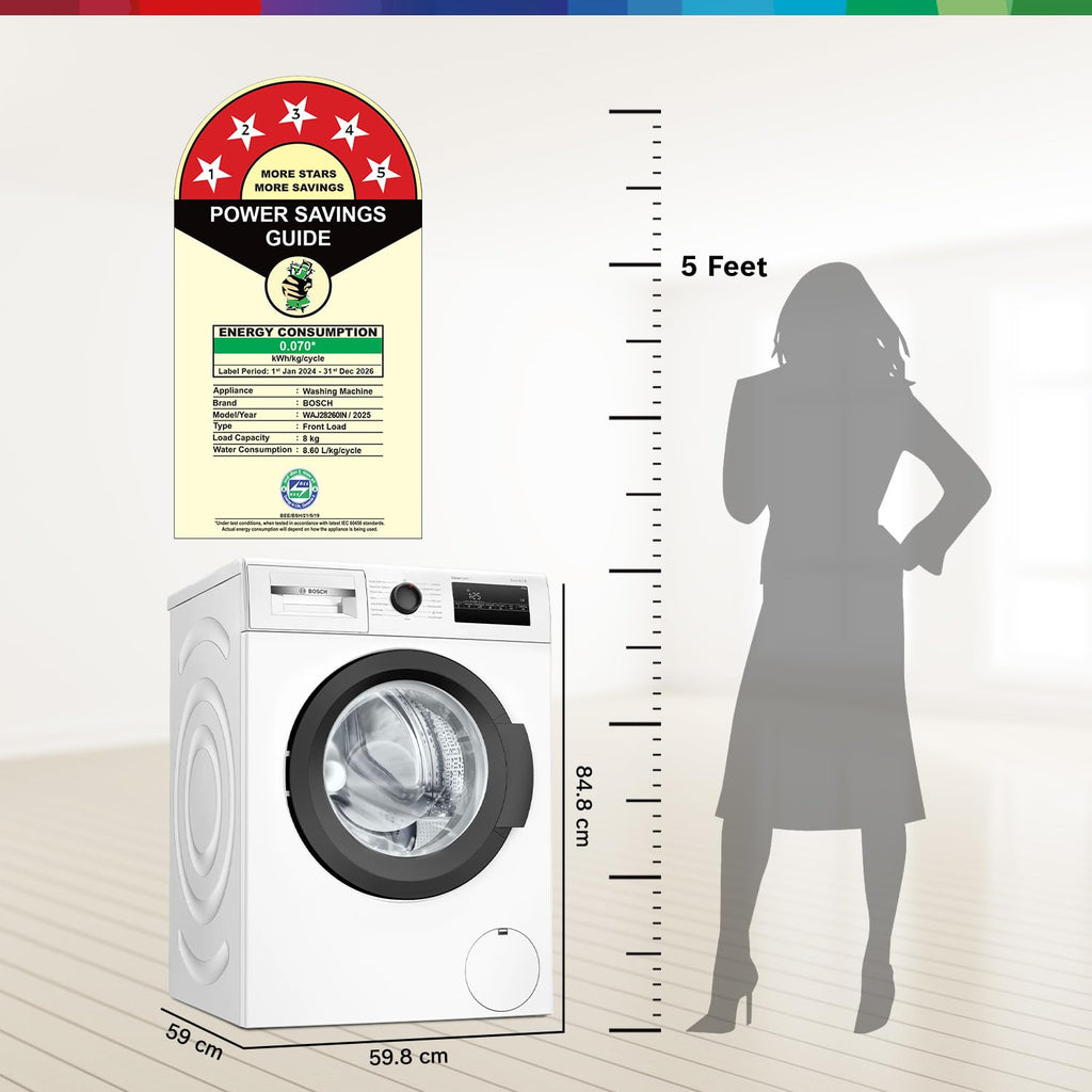 Bosch 8 kg, 5 Star, AI Active Water+, Anti-Tangle, Steam Anti Bacteria, Anti-Wrinkle Fully-Automatic Front Loading Washing Machine (WAJ28260IN, Reload Function, In-Built Heater, White)