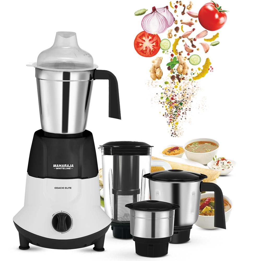 Maharaja Whiteline Odacio Elite Mixer Grinder With 4 Jars | 750 Watt | 20,000 RMP Motor | Stainless Steel Blade | 2 Years Warranty | Black & White