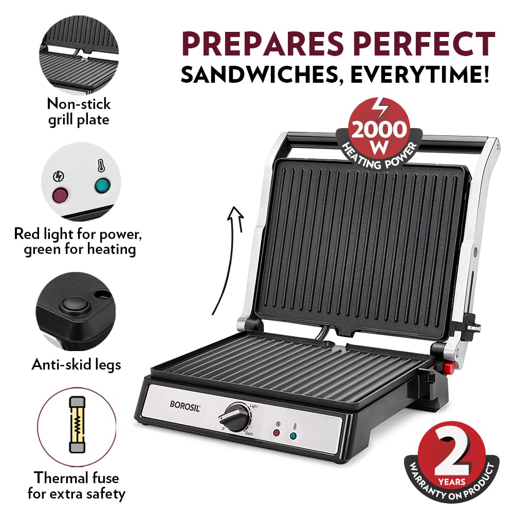Borosil Jumbo Grill Sandwich Maker | Can Make 4 Sandwich At a Time | Electric Toaster Maker | Non-Stick Coating Plates Opens to 180°, BPA & PTFE Free | Power Indicators | 2 Year Warranty (2000W)
