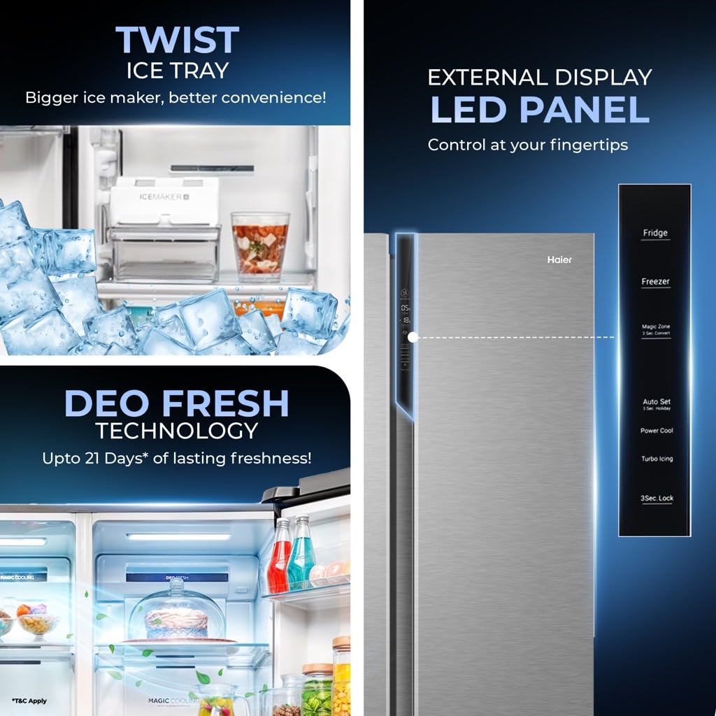 Haier 596L 3Star 2 Door Side by Side Frost Free Refrigerator|100% Convertible|Expert Inverter|Digital Display Panel|Twist Ice Tray|Deo Fresh Technology (HES-690SS, Shiny Silver)