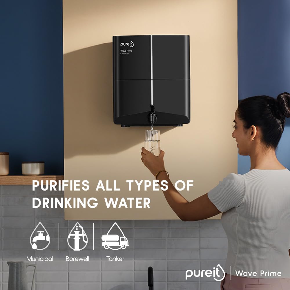 Pureit Wave Prime Mineral RO+MF | 6 stage Purification | 7 Litres Capacity | Up to 45% Water Saving | Suitable for Borewell, Tanker & Muncipal Water | Wall Mountable | Black