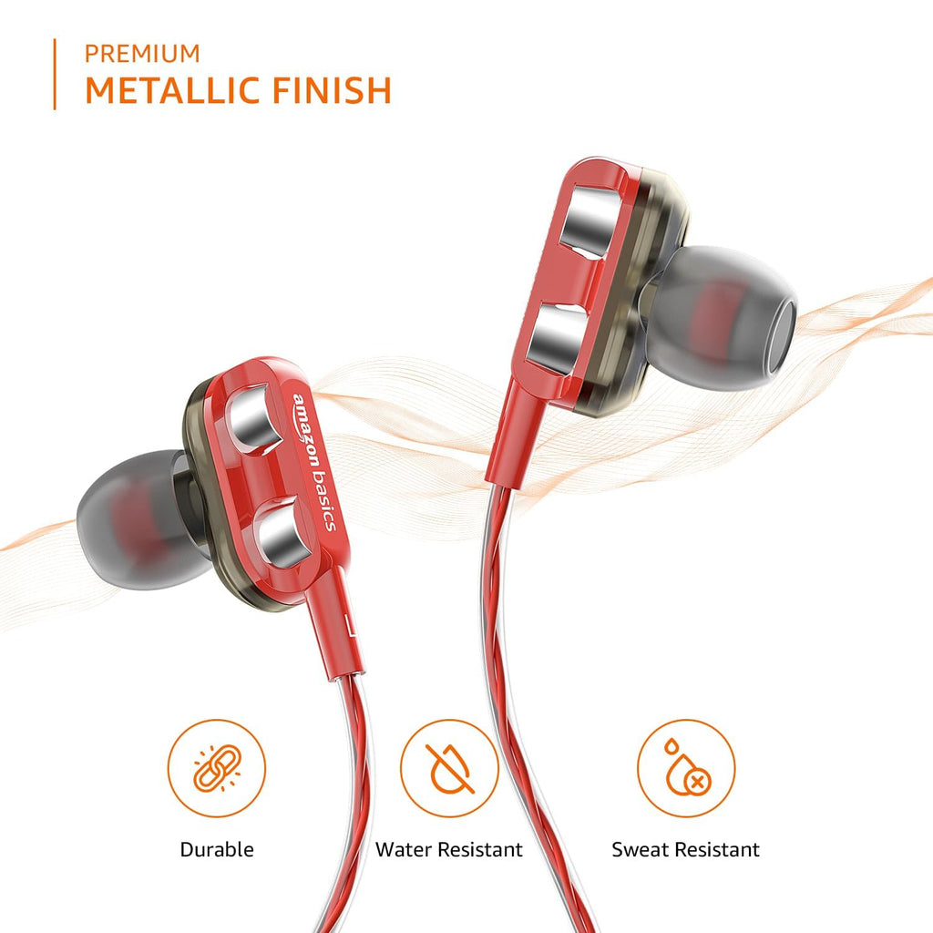 amazon basics in-Ear Wired Earphones with 9 mm Dual Drivers, in-Line Mic, Powerful Bass, Noise Isolation, 3.5 mm Audio Jack (Black and Red)