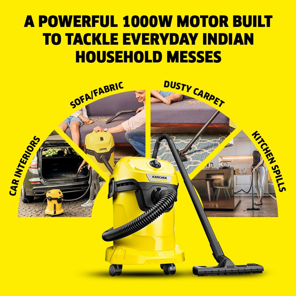 KARCHER Wd 3 V Wet & Dry Vacuum Cleaner, 23 kPa Suction Power, 17L Tank, 1000W Blower Function, Cartridge Filter & Fleece Filter Bag, for Home, Car & Furniture Cleaning, German Tech