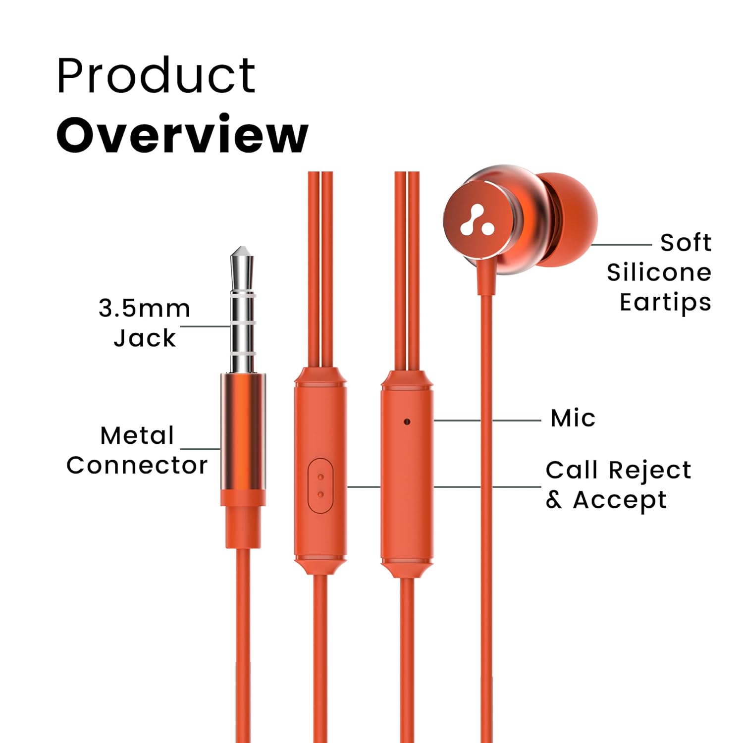 Ambrane Stringz 38 Wired Headphones with Mic, Powerful HD Sound with High Bass, Tangle Free Cable, Comfort in Ear Fit, 3.5mm Jack (Amber Orange)