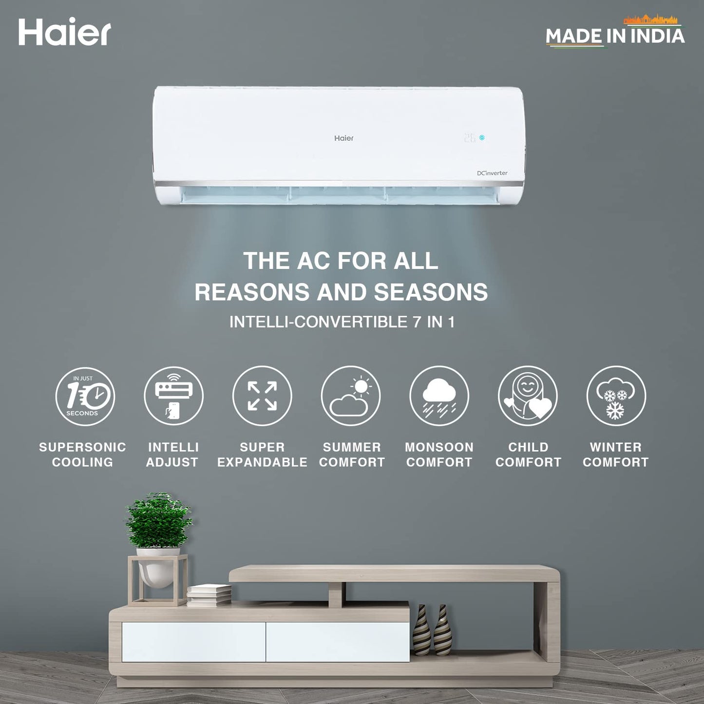 Haier 1.5 Ton 3 Star Inverter Split AC (Copper,Convertible 7 in 1 Cooling Modes, Antibacterial Filter, HSU18K-PYS3BE1-INV, White)