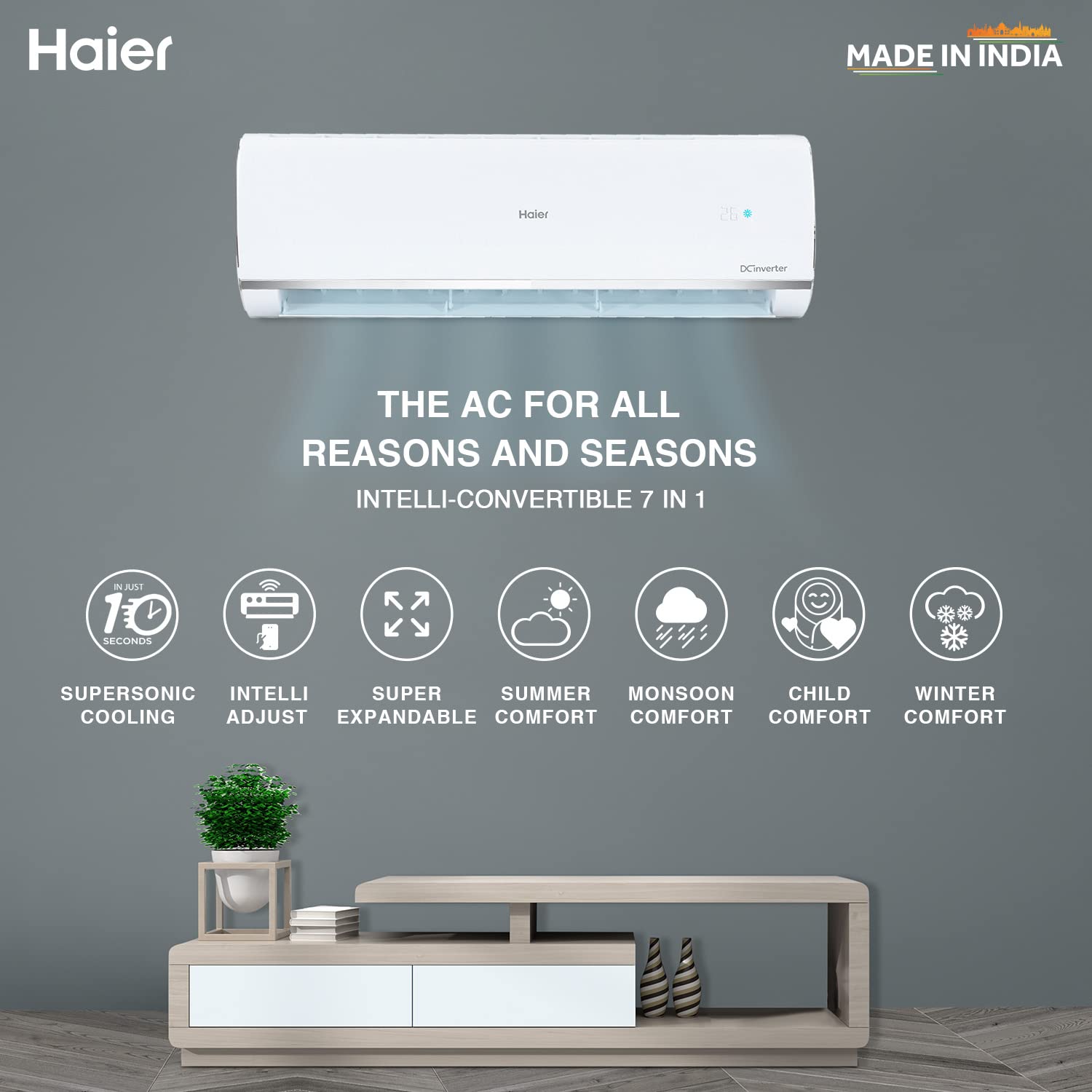 Haier 1.5 Ton 3 Star Inverter Split AC (Copper,Convertible 7 in 1 Cooling Modes, Antibacterial Filter, HSU18K-PYS3BE1-INV, White)